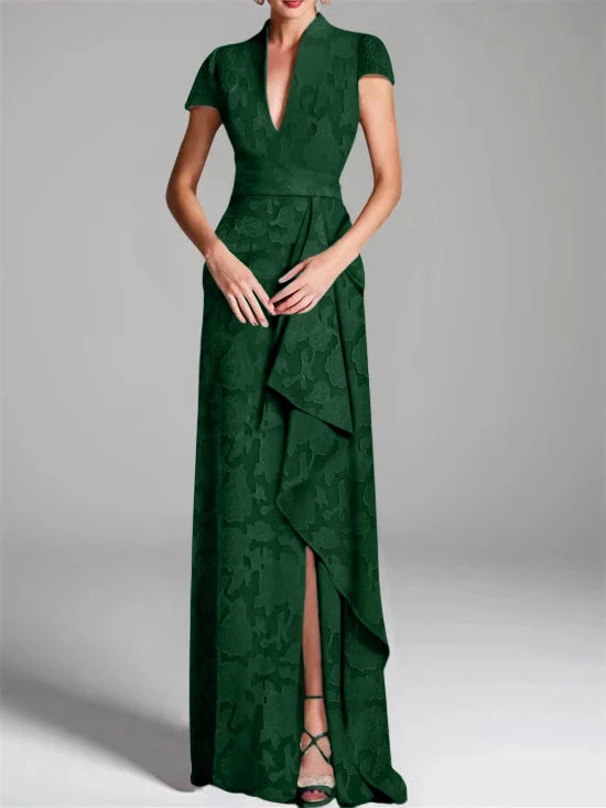 Sheath V-Neck Short Sleeves Floor-Length Rose Lace Applique with Split Side Mother of the Bride Dresses