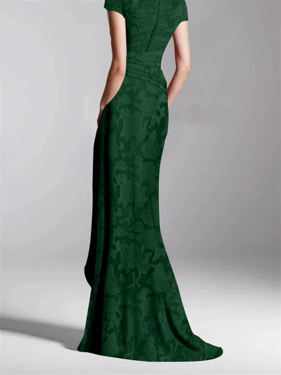 Sheath V-Neck Short Sleeves Floor-Length Rose Lace Applique with Split Side Mother of the Bride Dresses