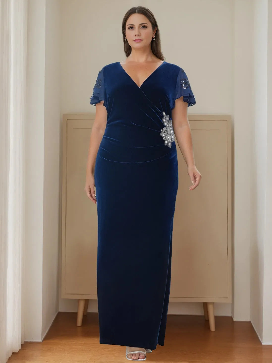 Sheath V-Neck Short Sleeves Floor-Length Velvet Plus Size with Ruffles Appliques Mother of the Bride Dresses