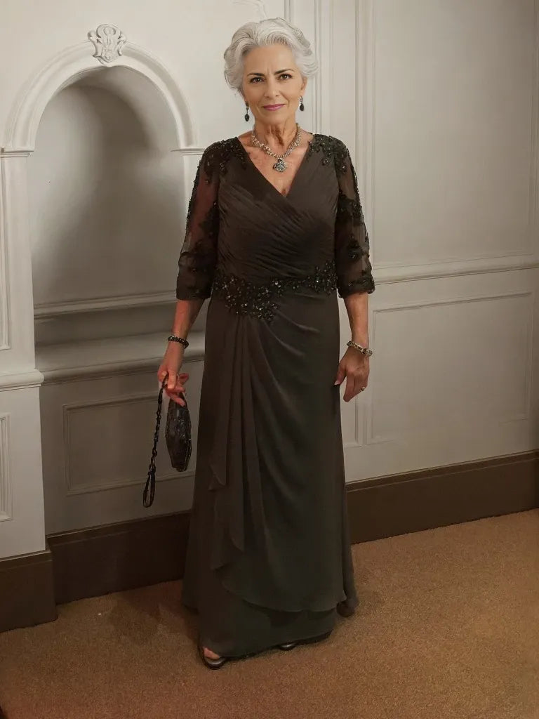 Sheath V-neck short Sleeves With Applique Floor-Length Chiffon Mother Of The Bride Dresses