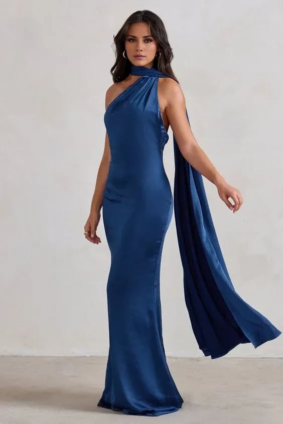 Sheath Satin Blue Halter Floor-length Prom Dresses Evening Dresses Party Dress
