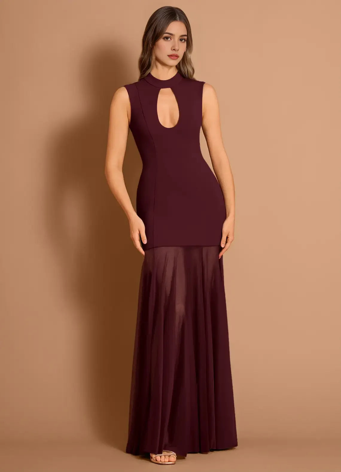 Sheer Layered Mermaid Mock Neck Sleeveless Keyhole Back Floor Length Hot sale Prom Dress