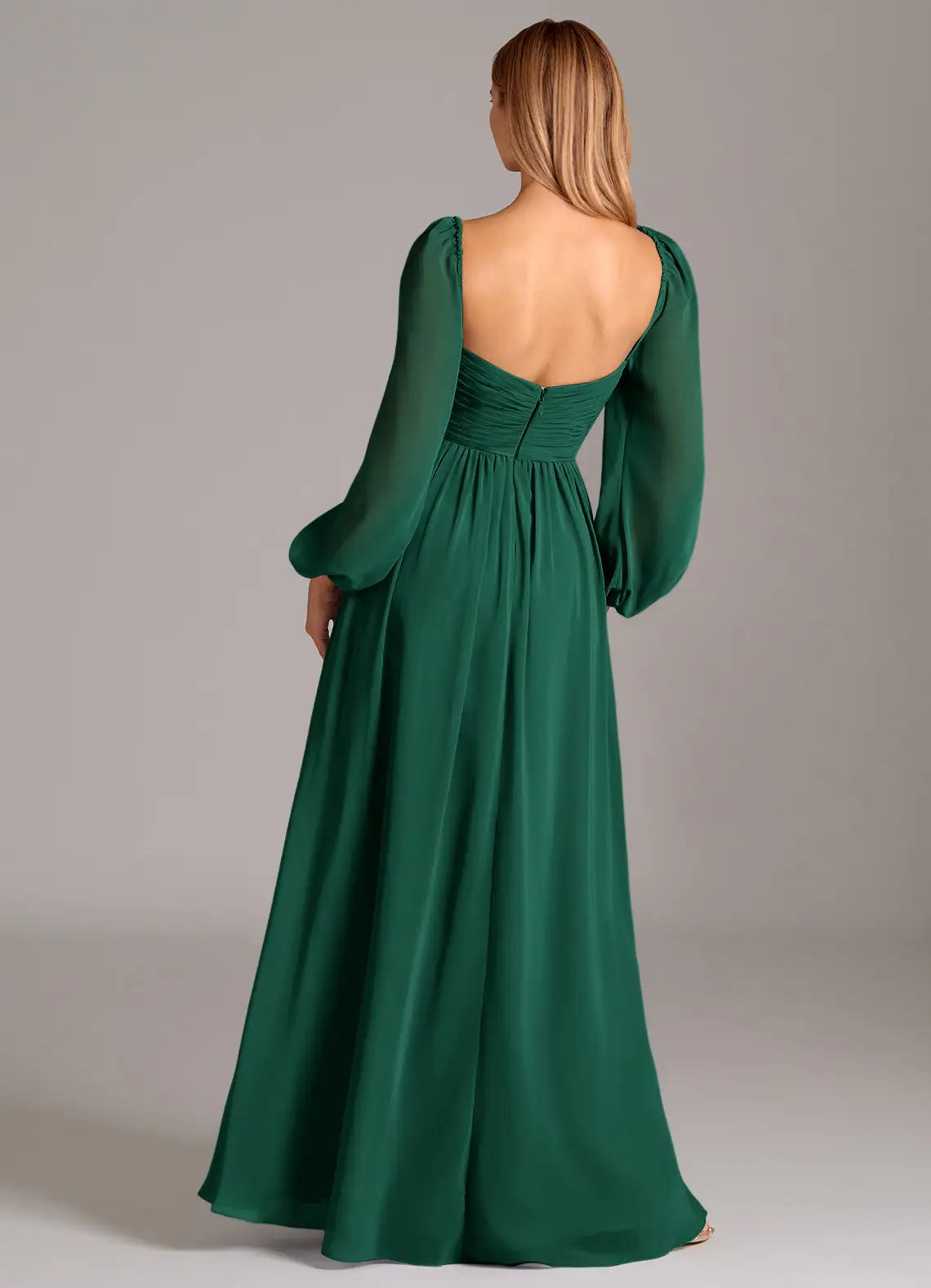 Sheer Sleeve Square Neck Chiffon A Line Ruched Bodice Open Back High Slit Floor Length Female Prom Dress