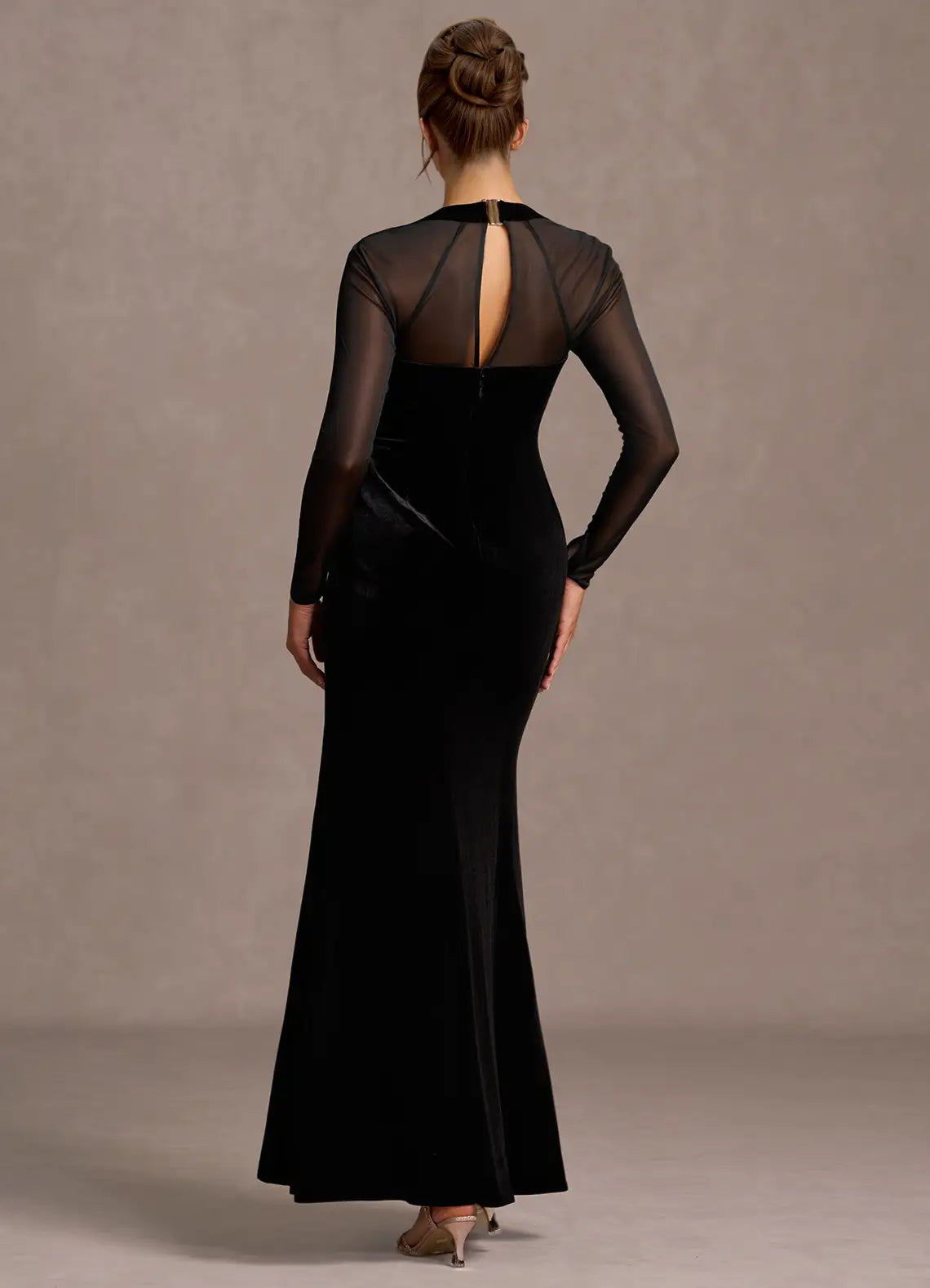 Sheer Sleeve Square Neck Velvet Mermaid Keyhole Back High Slit Floor Length For Ladies Prom Dress