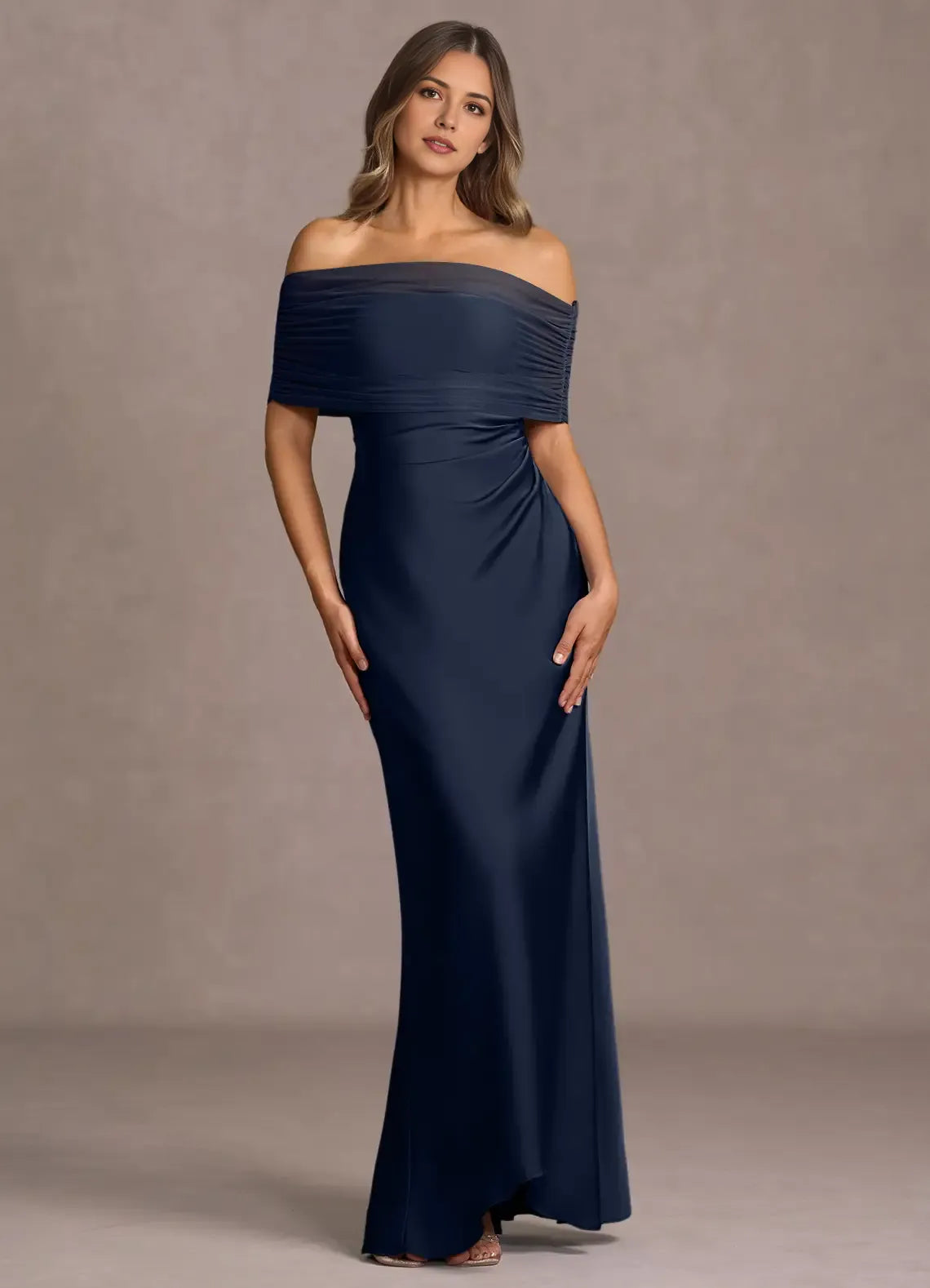 Sheer Trim Off Shoulder Satin Sheath Ruched Bodice Open Back Floor Length Hot sale Prom Dress