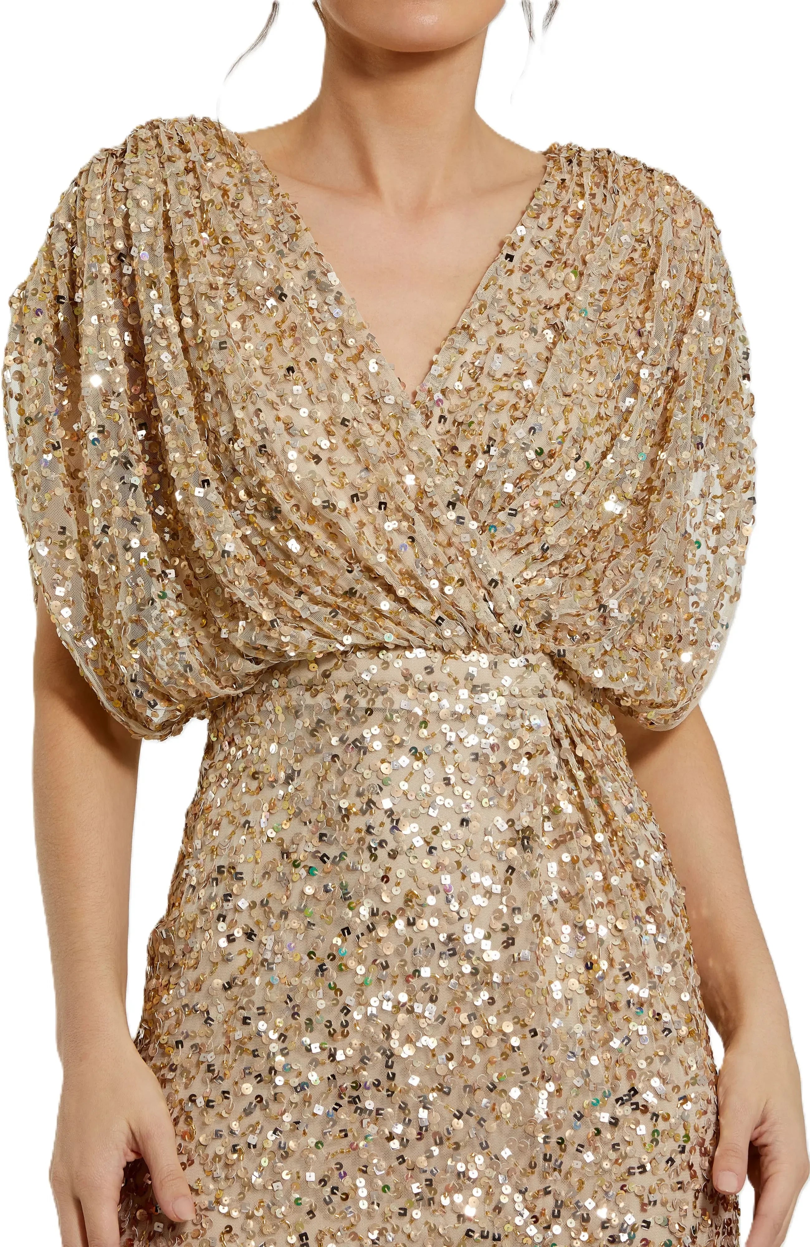 Shimmering Mermaid Deep V Neck Batwing Sleeve Solid Back Floor Length Evening Dress