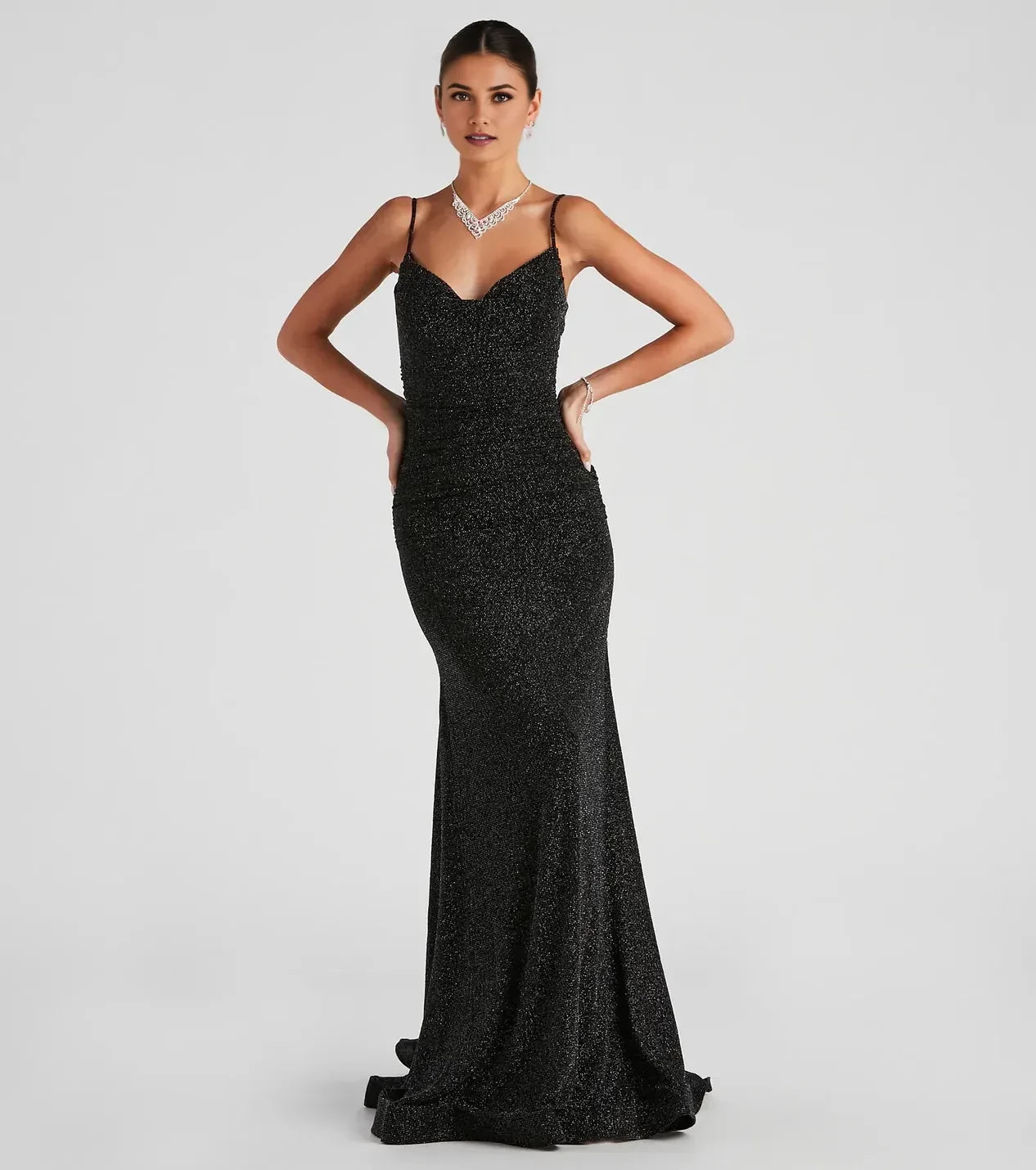 Shimmering Mermaid Plunge Neck Spaghetti Strap Open Back Floor Length Prom Dress