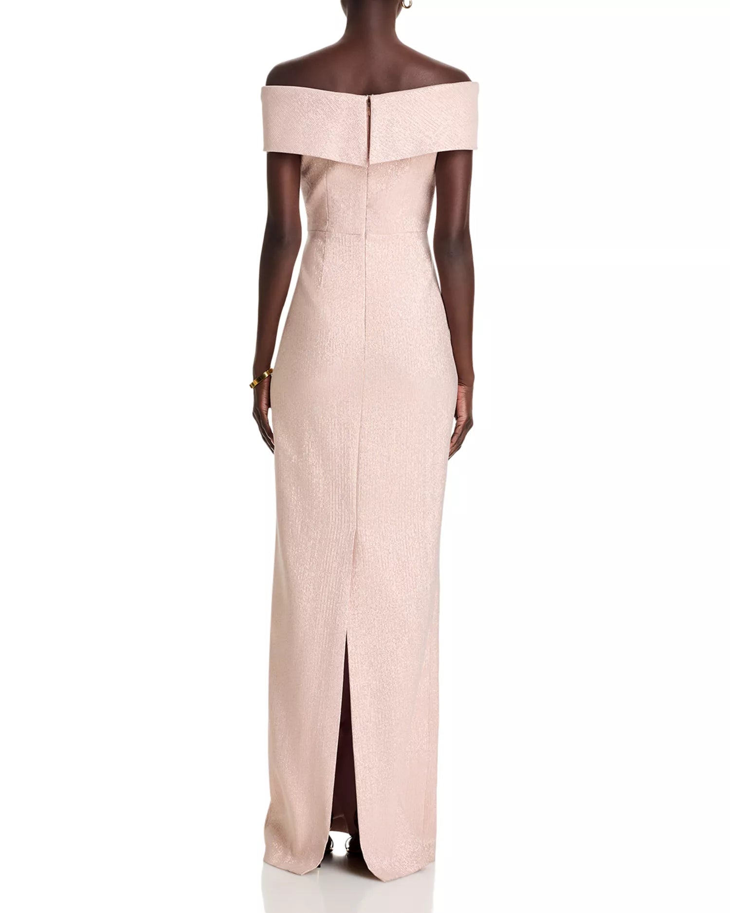 Shimmering Sheath Off the Shoulder Short Sleeve Split Back Floor Length Female Prom Dress