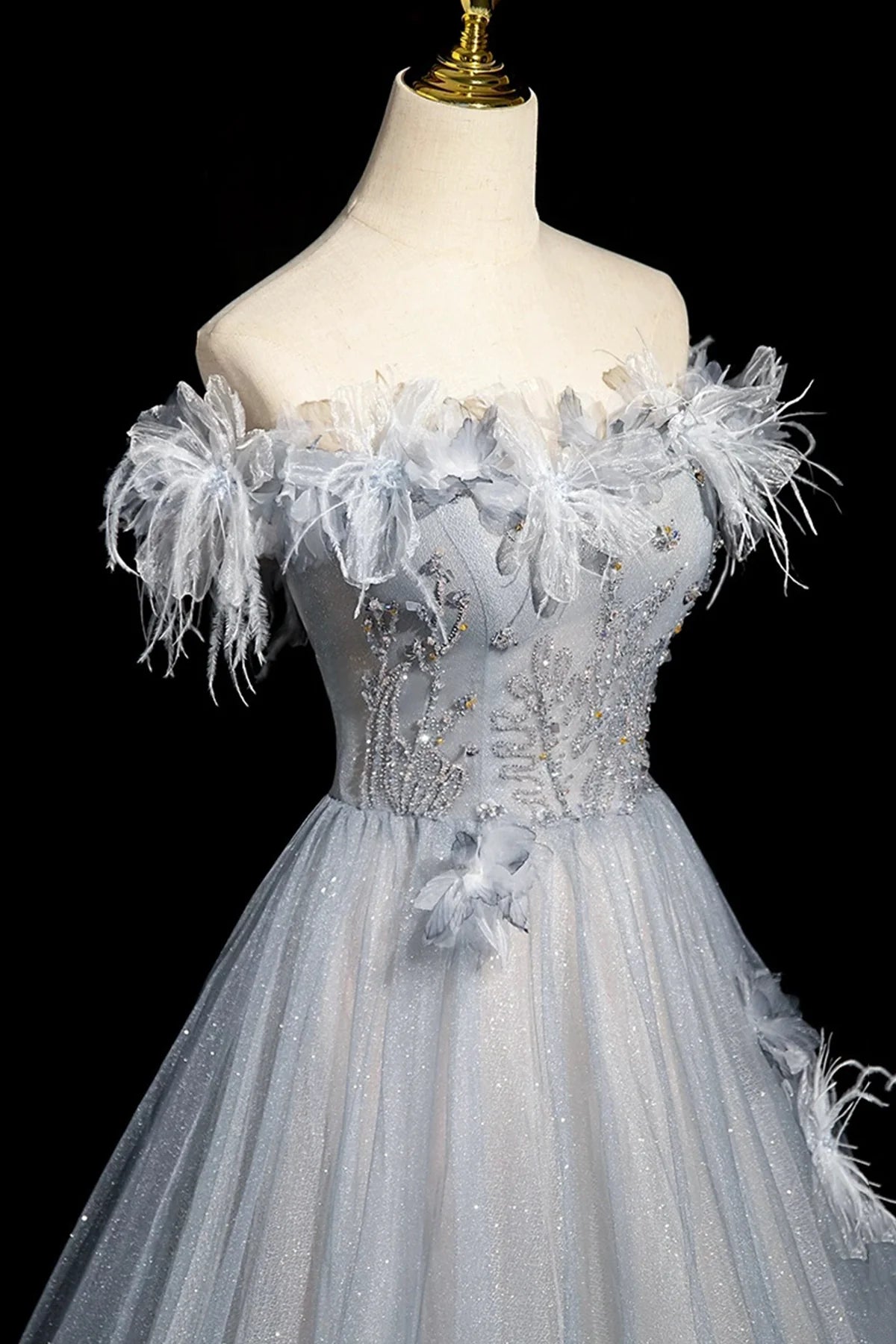 Shiny Gray Blue Off the Shoulder High quality Tulle Sequins Long Prom Dress Evening Party Dress