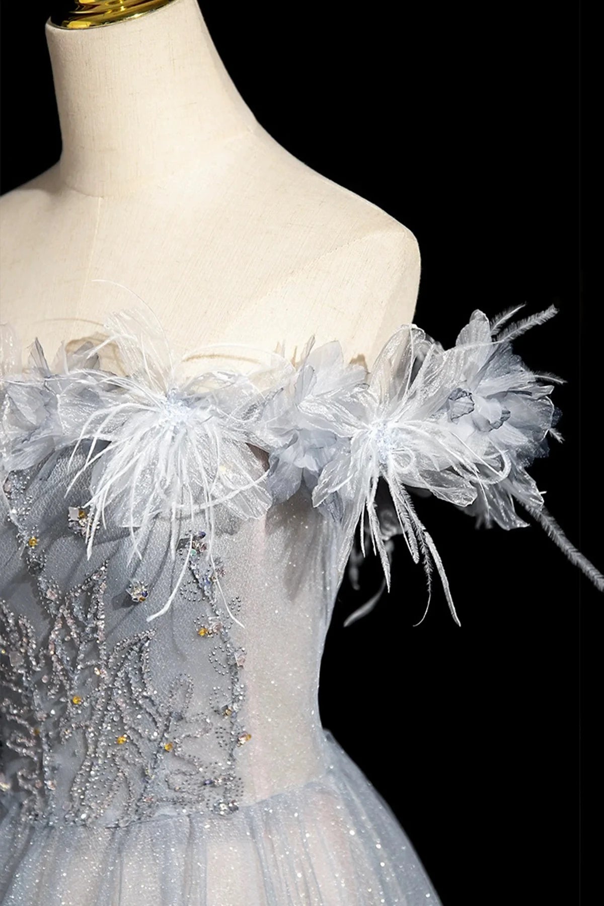 Shiny Gray Blue Off the Shoulder High quality Tulle Sequins Long Prom Dress Evening Party Dress