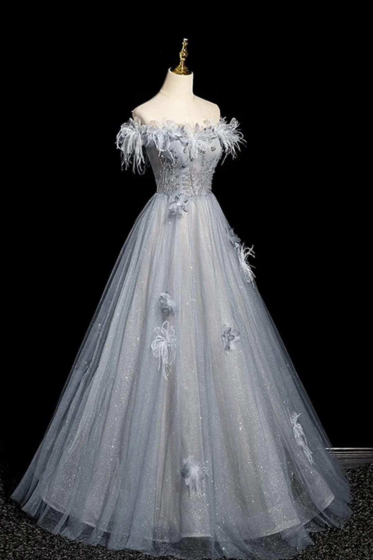 Shiny Gray Blue Off the Shoulder High quality Tulle Sequins Long Prom Dress Evening Party Dress