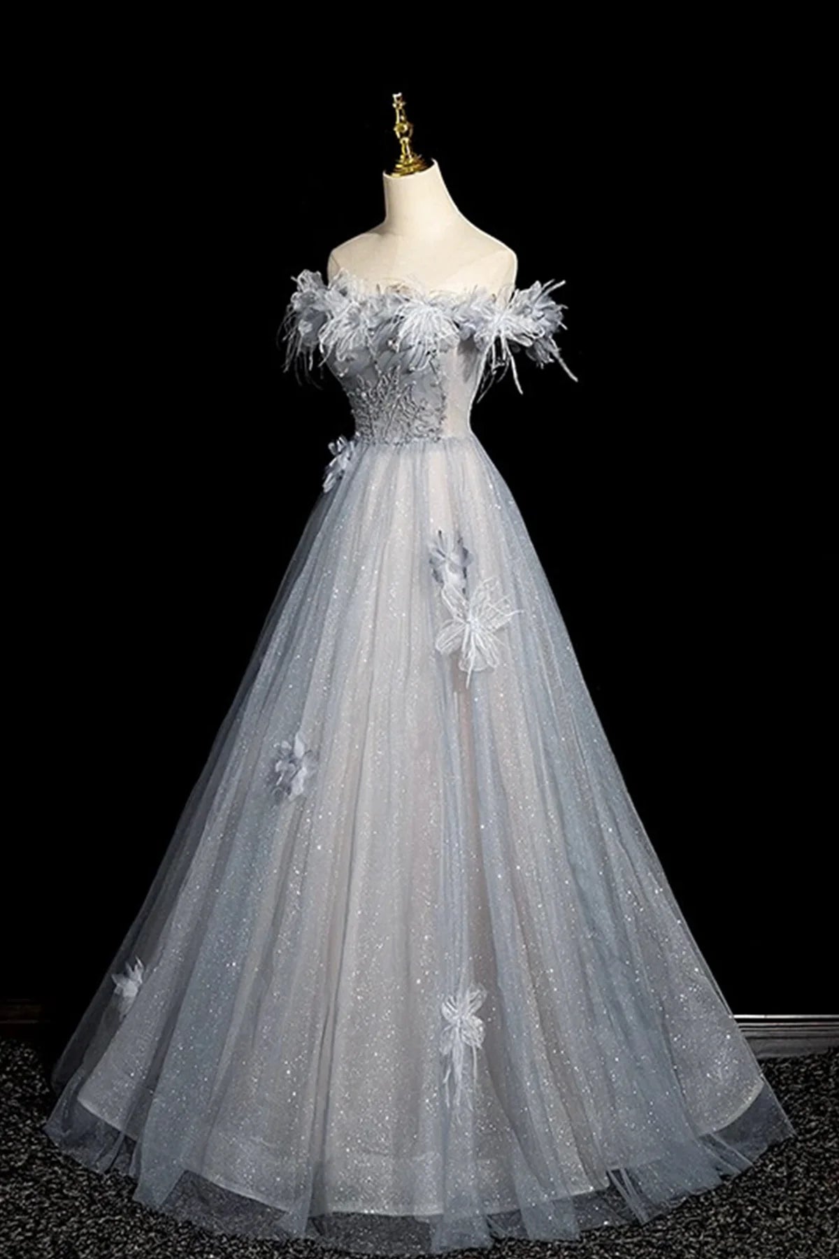 Shiny Gray Blue Off the Shoulder High quality Tulle Sequins Long Prom Dress Evening Party Dress