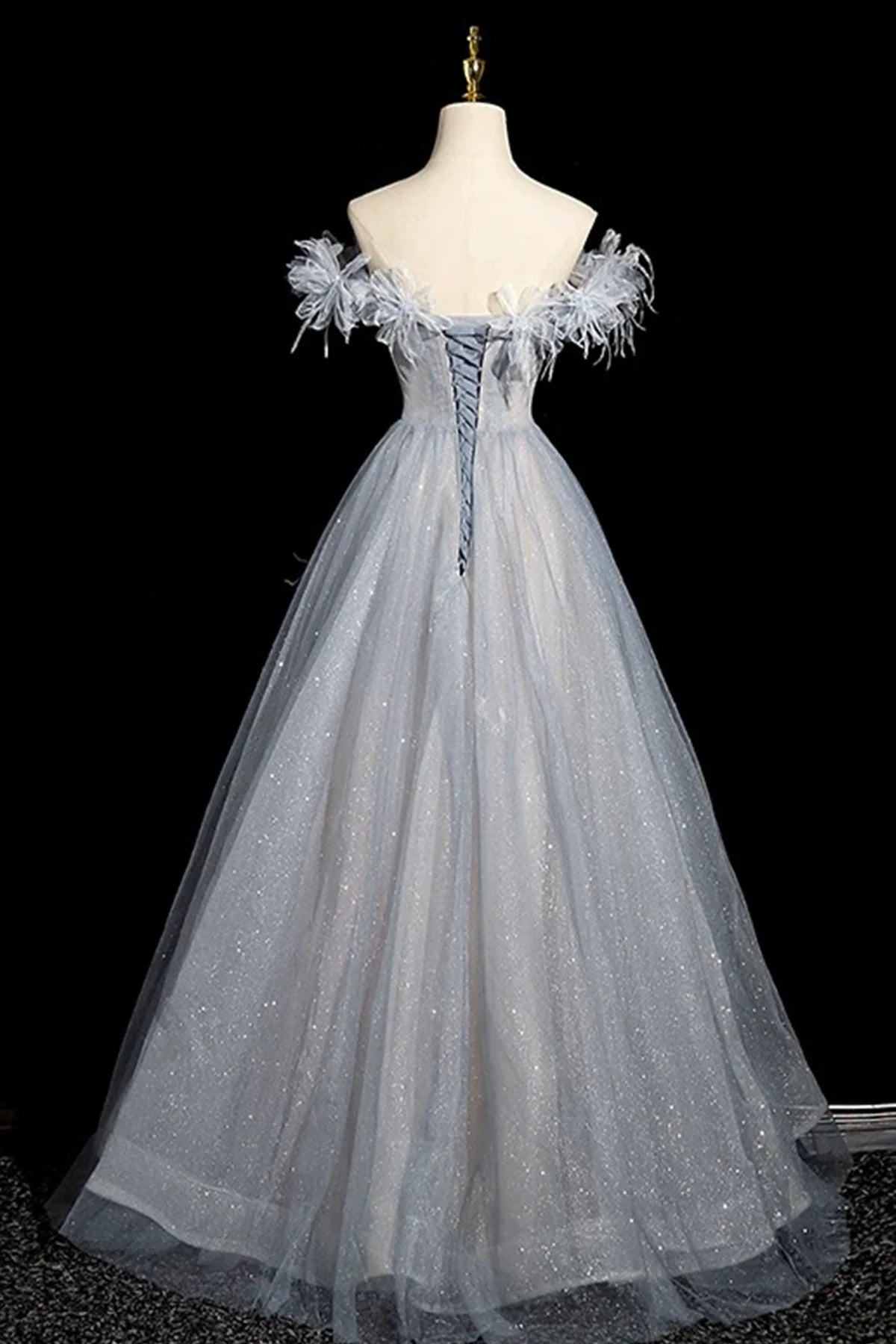 Shiny Gray Blue Off the Shoulder High quality Tulle Sequins Long Prom Dress Evening Party Dress