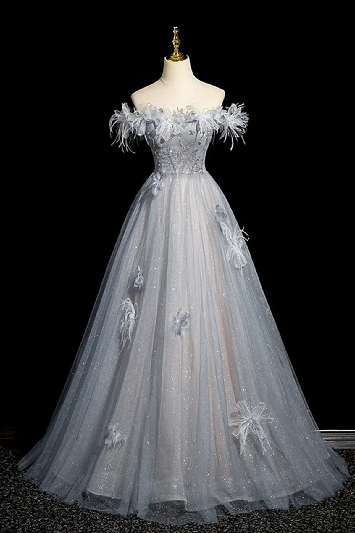 Shiny Gray Blue Off the Shoulder High quality Tulle Sequins Long Prom Dress Evening Party Dress