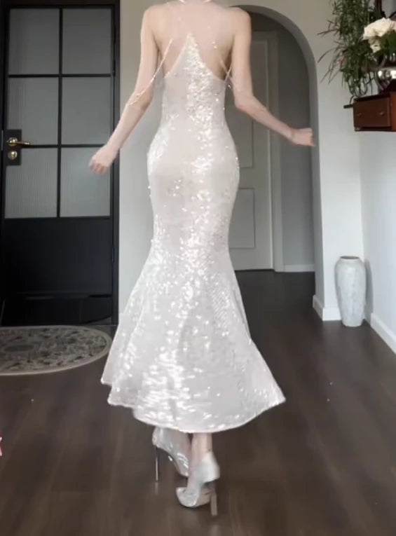 Shiny Mermaid Spaghetti Strap Sequin Sleeveless Off-the-shoulder Floor length Wedding Dress Prom Dress Cocktail Dress Homecoming Dress Evening Dress Party Dress