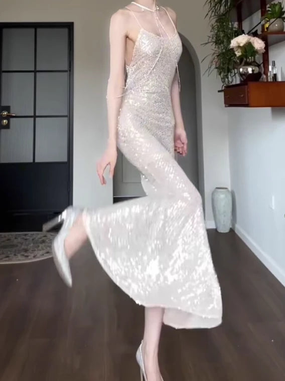 Shiny Mermaid Spaghetti Strap Sequin Sleeveless Off-the-shoulder Floor length Wedding Dress Prom Dress Cocktail Dress Homecoming Dress Evening Dress Party Dress