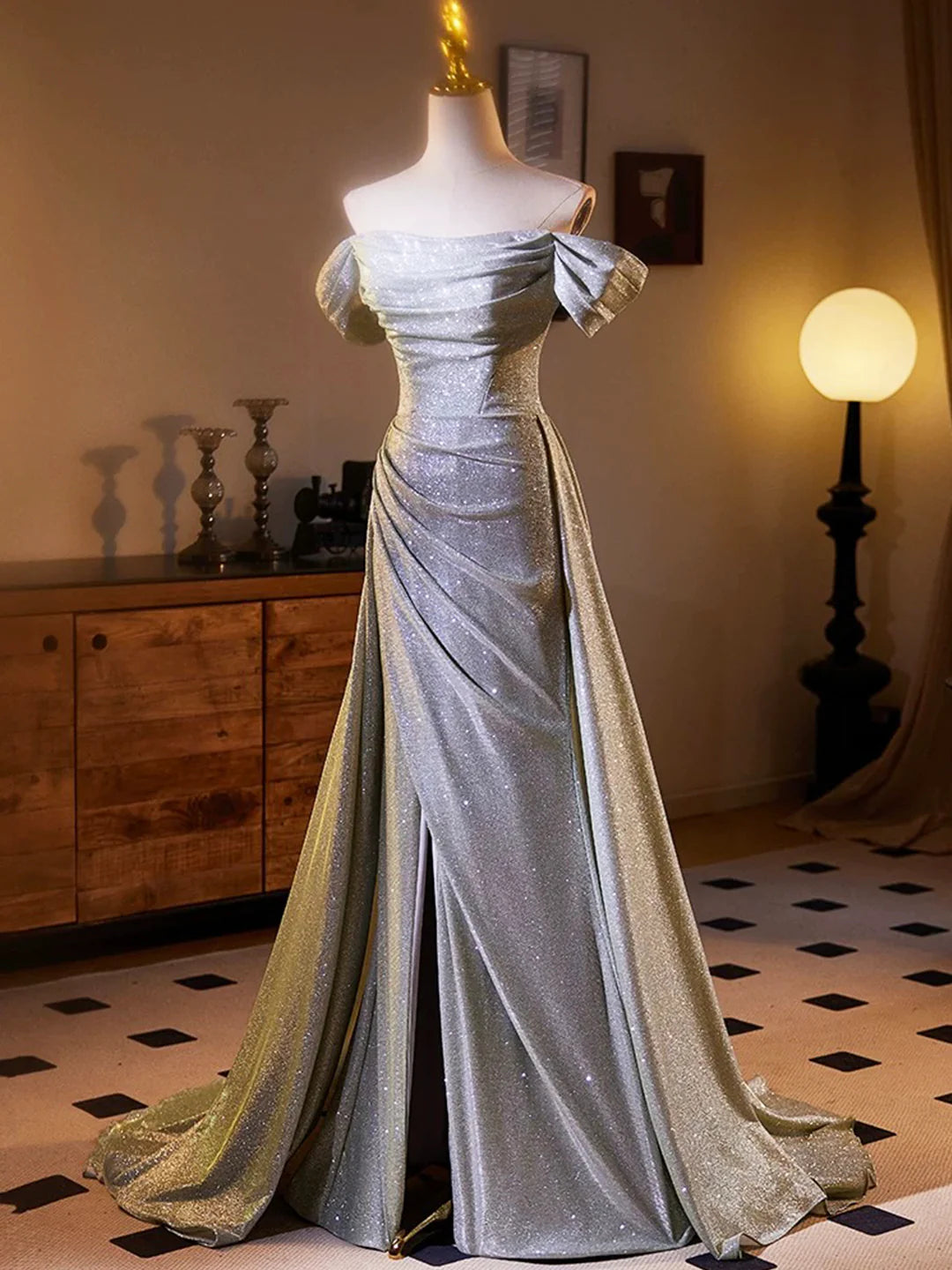 Shiny Off the Shoulder Sliver Sequins A-line Long Formal Dress  Evening Party Dress