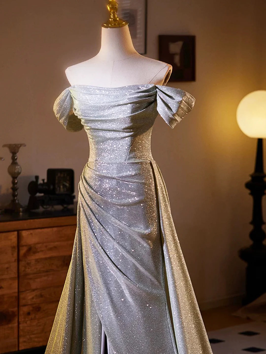 Shiny Off the Shoulder Sliver Sequins A-line Long Formal Dress  Evening Party Dress