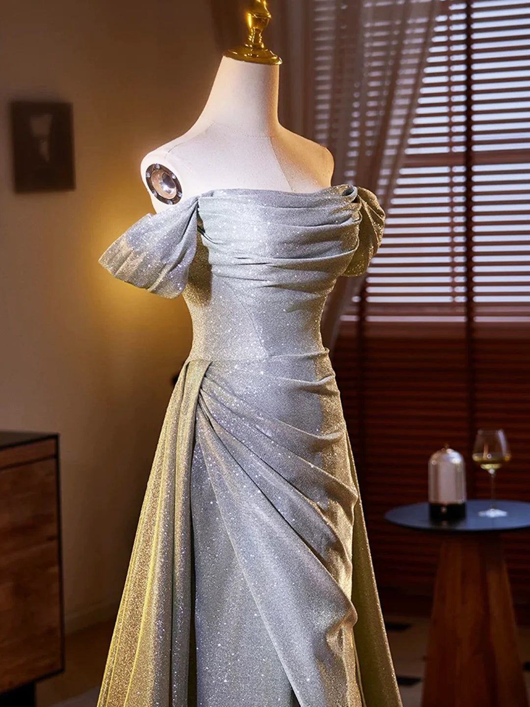 Shiny Off the Shoulder Sliver Sequins A-line Long Formal Dress  Evening Party Dress