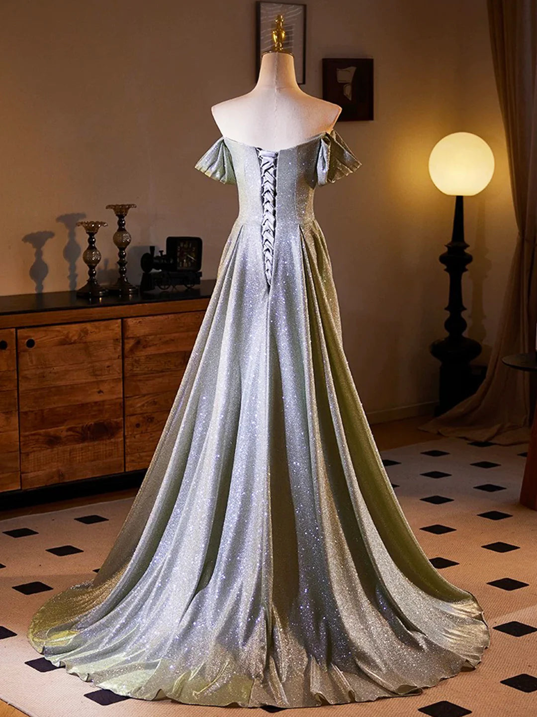 Shiny Off the Shoulder Sliver Sequins A-line Long Formal Dress  Evening Party Dress