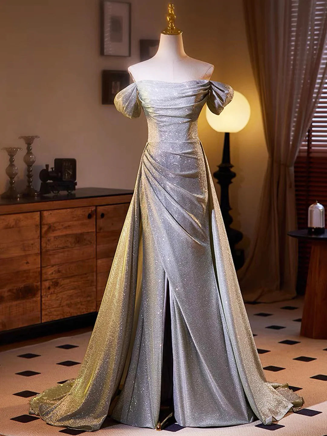Shiny Off the Shoulder Sliver Sequins A-line Long Formal Dress  Evening Party Dress