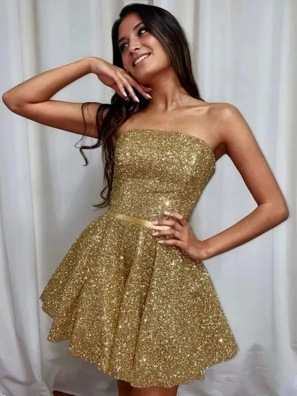 Shiny Strapless Open Back Golden Short Golden Formal Graduation Evening Dresses Party Dresses Homecoming Dresses