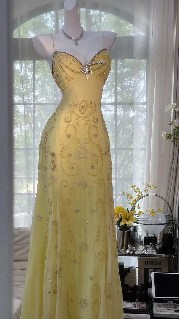 Shiny Yellow Sequined Sweetheart Chiffon A-Line Prom Dress Party Dress Cocktail Dress Homecoming Dress Evening Dress