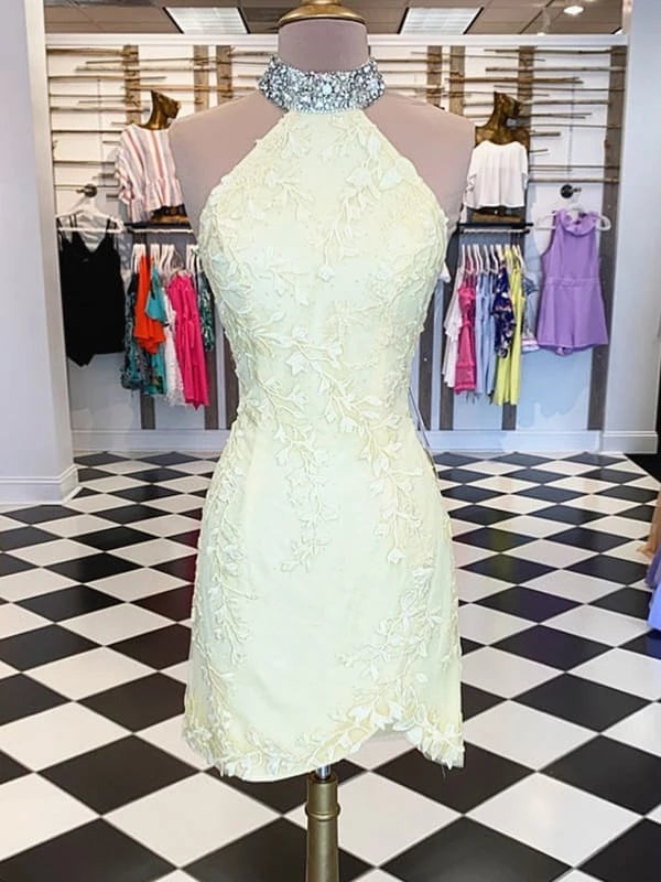 Short Backless Yellow Lace Prom Short Yellow Backless Lace Sleeveless Formal Party Dresses Homecoming Dresses