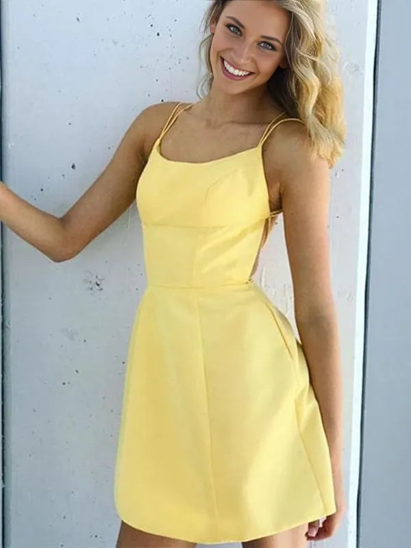 Short Backless Yellow Prom Homecoming Dresses Sleeveless Yellow Formal Graduation Evening Dresses Party Dresses Homecoming Dresses