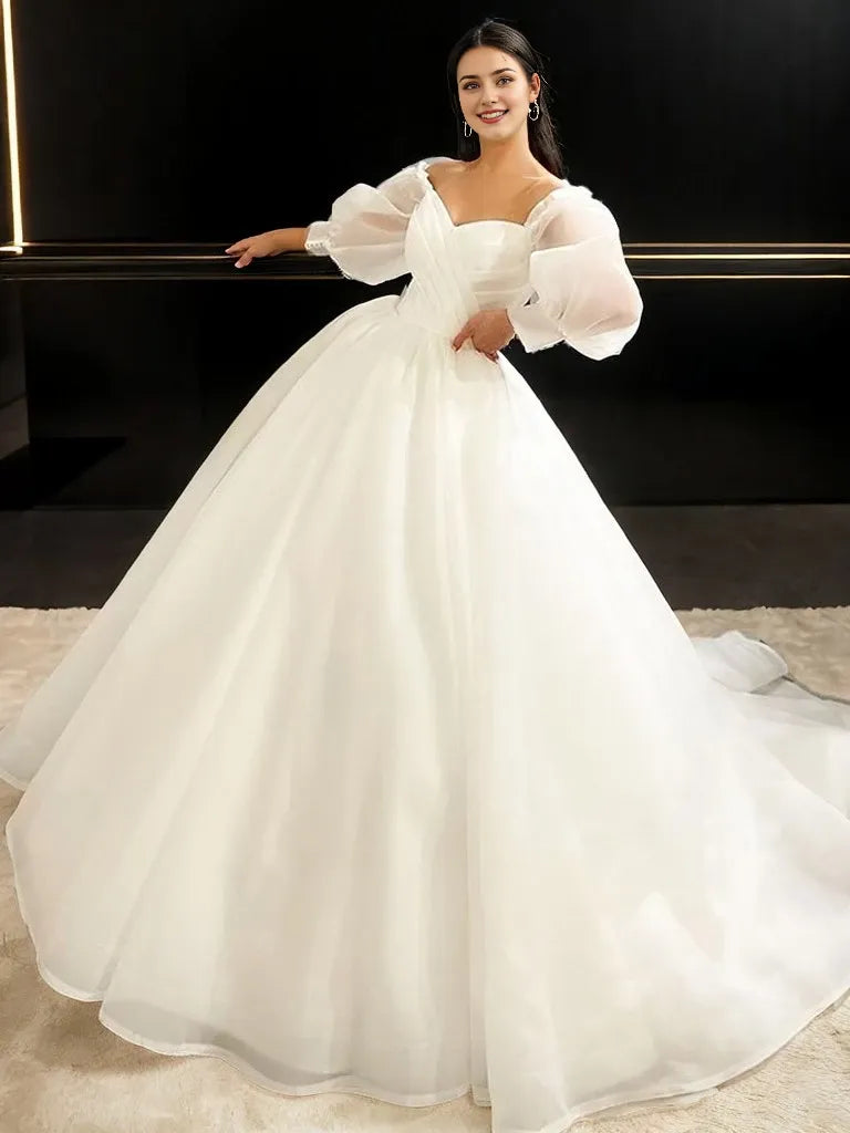 Short Sleeves Ball Gown Organza Ruched Sweetheart Sweep Train Wedding Dresses