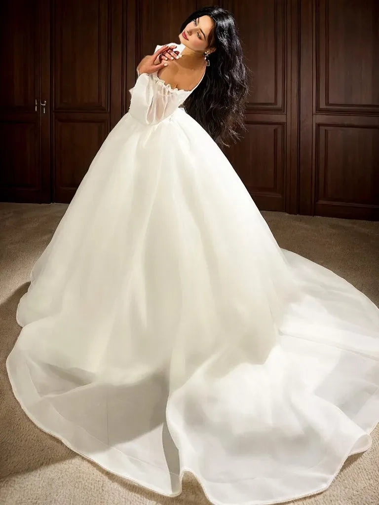 Short Sleeves Ball Gown Organza Ruched Sweetheart Sweep Train Wedding Dresses