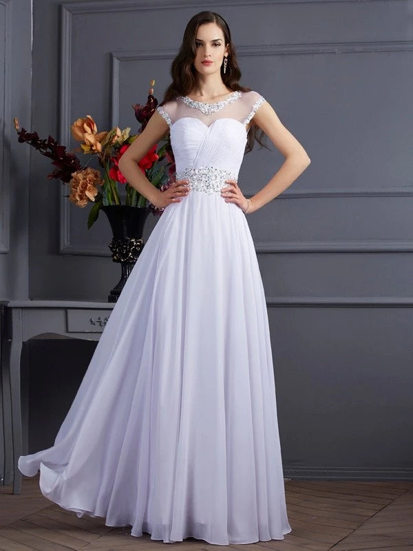 Short Sleeves Chiffon Bateau Floor-Length With Beading Dresses
