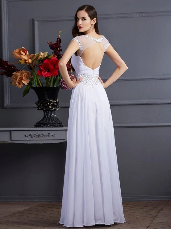 Short Sleeves Chiffon Bateau Floor-Length With Beading Dresses