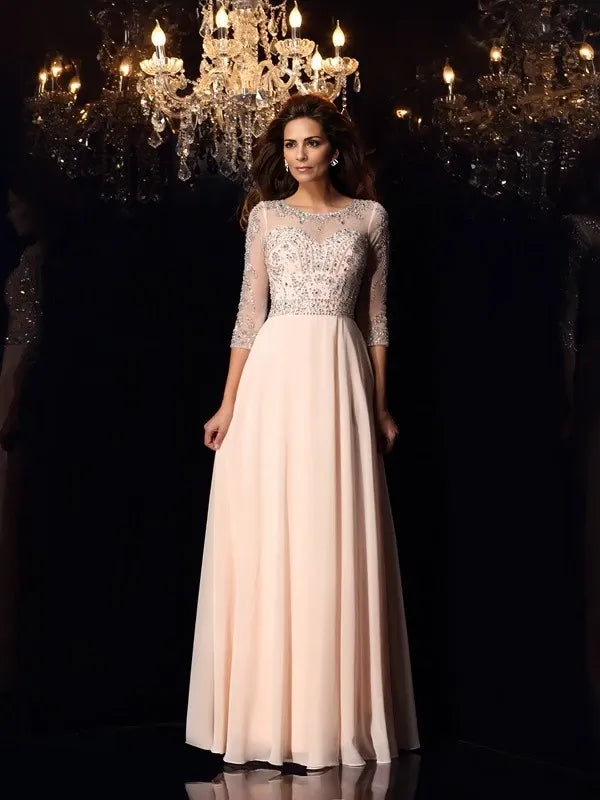Short Sleeves Chiffon Scoop Floor-Length With Beading Dresses