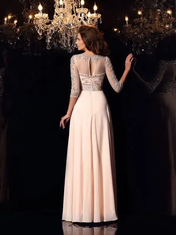 Short Sleeves Chiffon Scoop Floor-Length With Beading Dresses