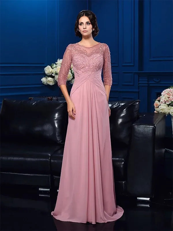 Short Sleeves Chiffon Scoop Sweep Train With Beading Mother of the Bride Dresses