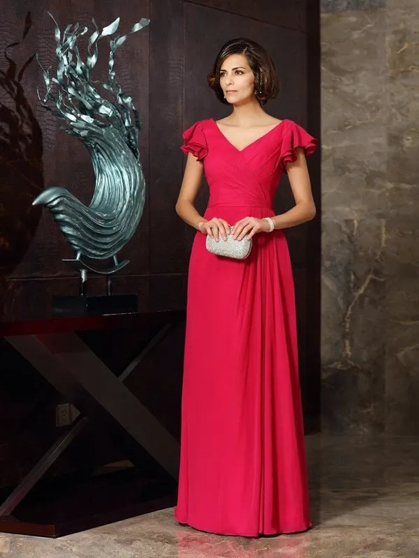Short Sleeves Floor-Length  A-Line Chiffon V-neck With Ruched Mother of the Bride Dresses