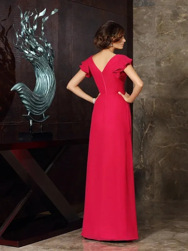 Short Sleeves Floor-Length  A-Line Chiffon V-neck With Ruched Mother of the Bride Dresses
