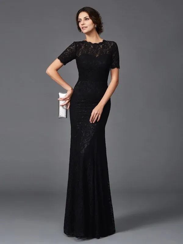 Short Sleeves Floor-Length Sheath Elastic Woven Satin Jewel With Lace Mother of the Bride Dresses