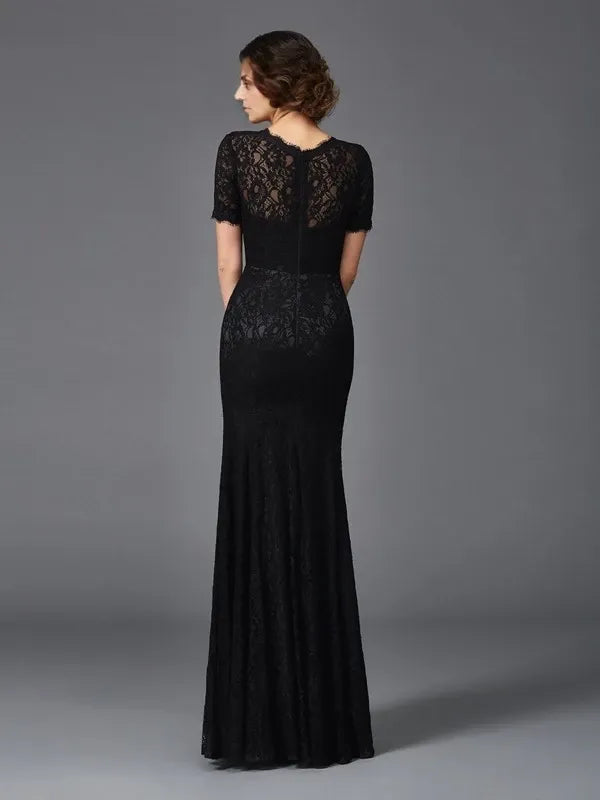 Short Sleeves Floor-Length Sheath Elastic Woven Satin Jewel With Lace Mother of the Bride Dresses