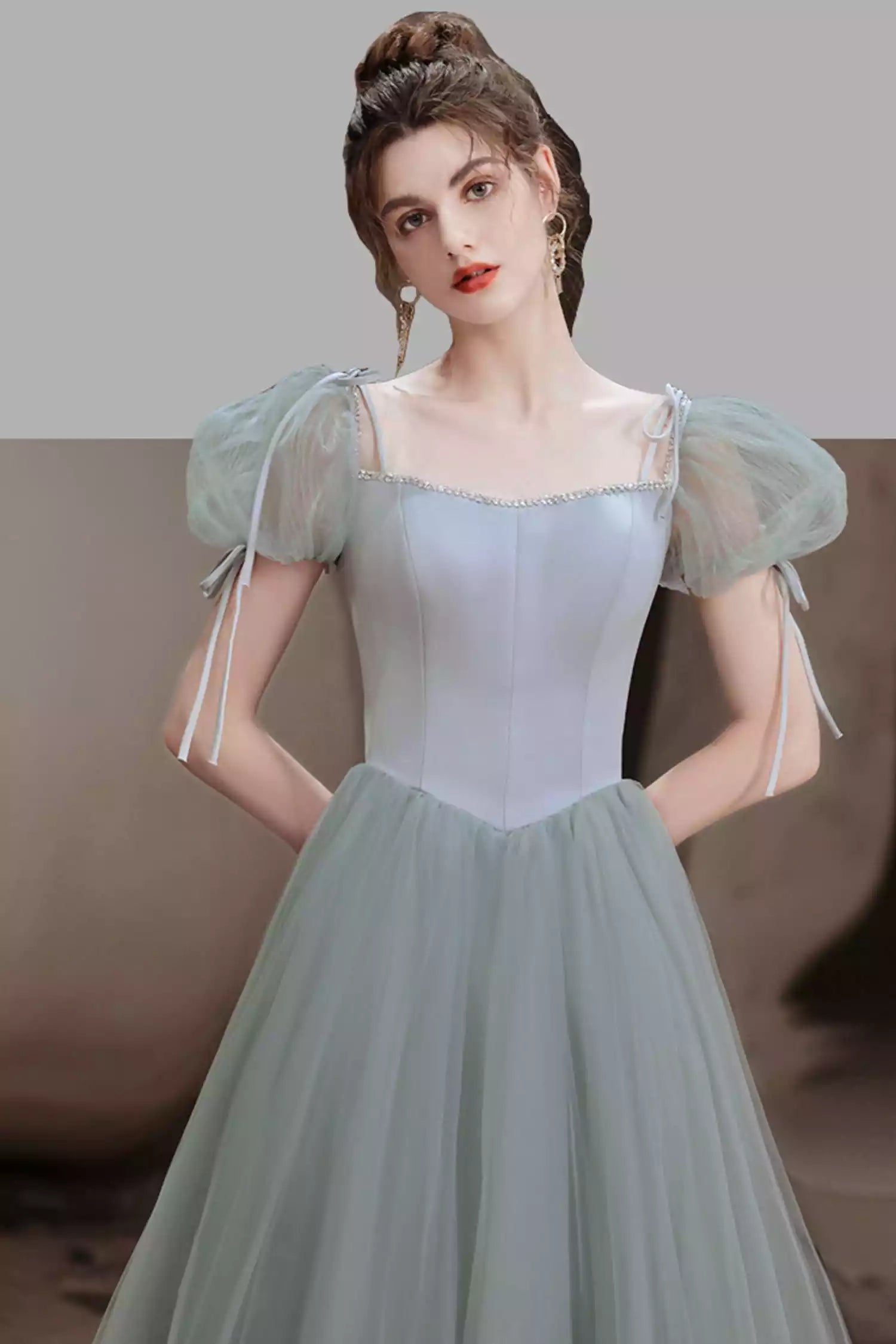 Short Sleeves Green Tulle Beaded A-Line New Prom Dresses Formal Dresses