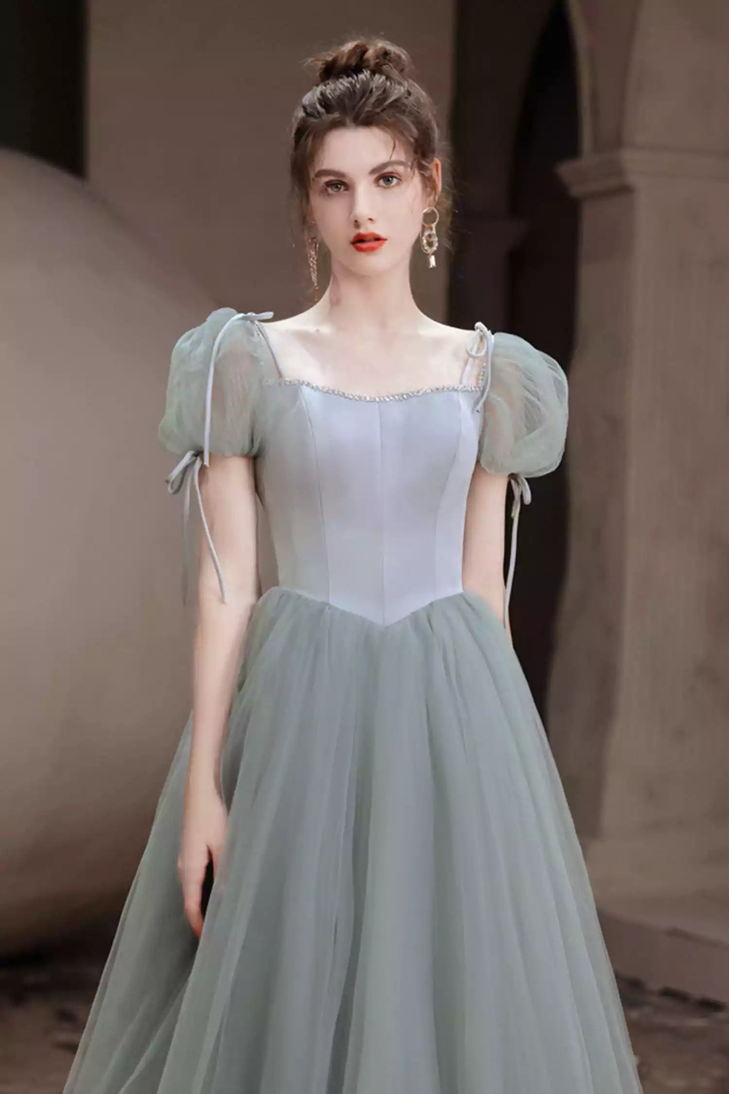 Short Sleeves Green Tulle Beaded A-Line New Prom Dresses Formal Dresses