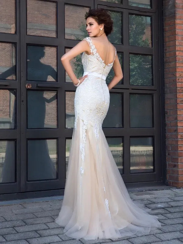 Short Sleeves Mermaid Net Sheer Neck Sweep Train With Applique Dresses Wedding Dresses
