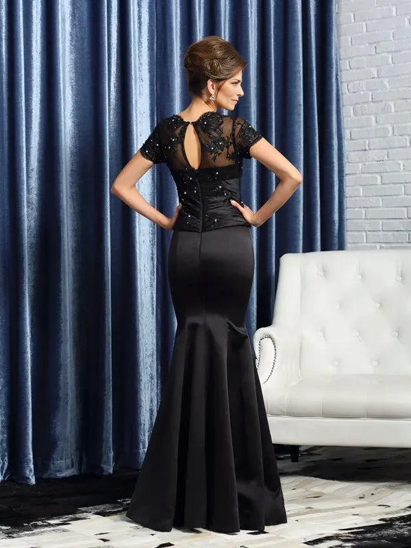 Short Sleeves Mermaid Satin V-neck Floor-Length With Applique Mother of the Bride Dresses