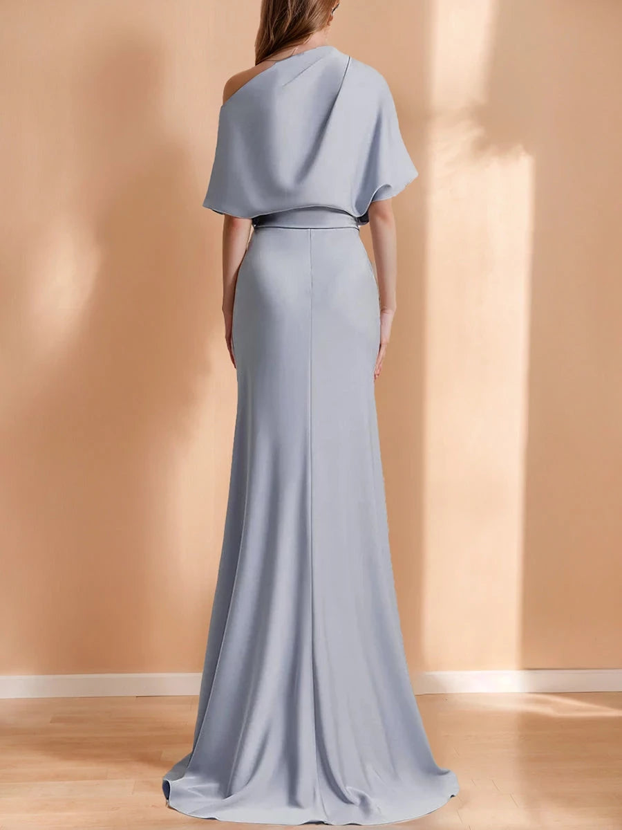 Short Sleeves Princess Off-the-Shoulder Satin Evening Dresses with Ruffles