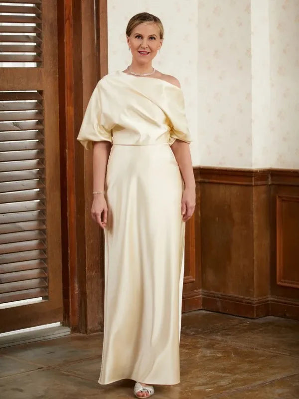 Short Sleeves Sheath Charmeuse Ruched Off-the-Shoulder Floor-Length Mother of the Bride Dresses