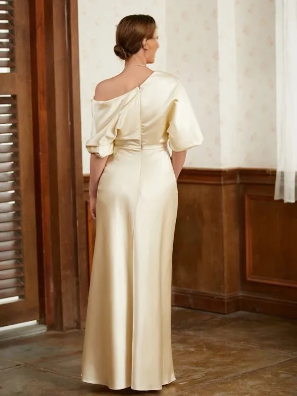 Short Sleeves Sheath Charmeuse Ruched Off-the-Shoulder Floor-Length Mother of the Bride Dresses