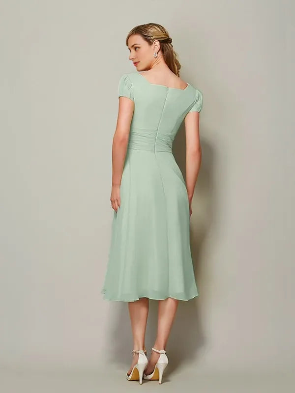 Short Sleeves Sheath Chiffon Bateau Tea-Length With Ruffles Bridesmaid Dresses