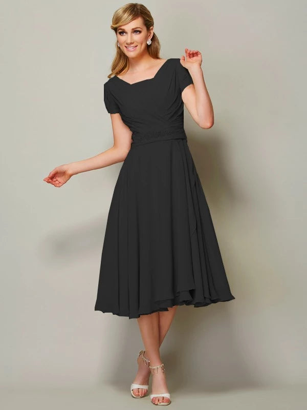 Short Sleeves Sheath Chiffon Bateau black Length With Ruffles Bridesmaid Dresses