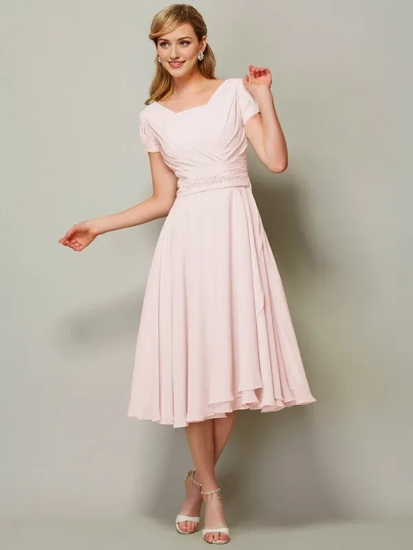 Short Sleeves Sheath Chiffon Bateau pink Length With Ruffles Bridesmaid Dresses
